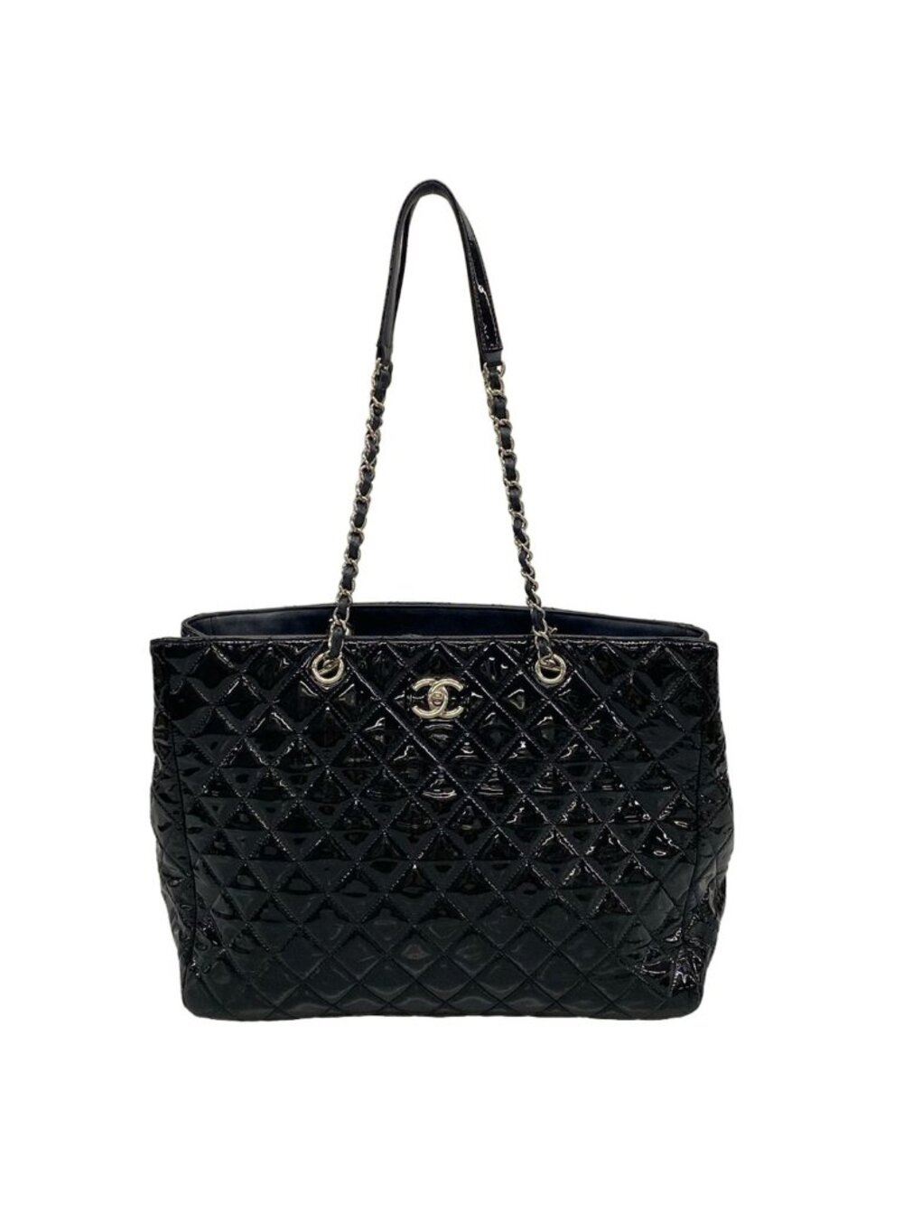 Chanel Tote Bag Quilted Black Chain Shoulder Silver Leather